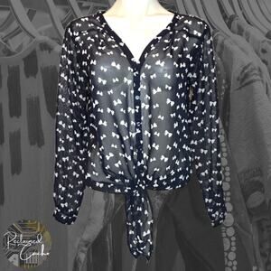 The Limited Navy and White Sheer Front Tie Shirt  - Size Medium